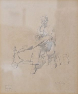 Edward Irvine Halliday (1902-1984), pencil sketch, Study of an Eastern gentleman smoking a hookah, inscribed 'For Joyce from Dick, 1927', 22 x 19cm. Condition - fair